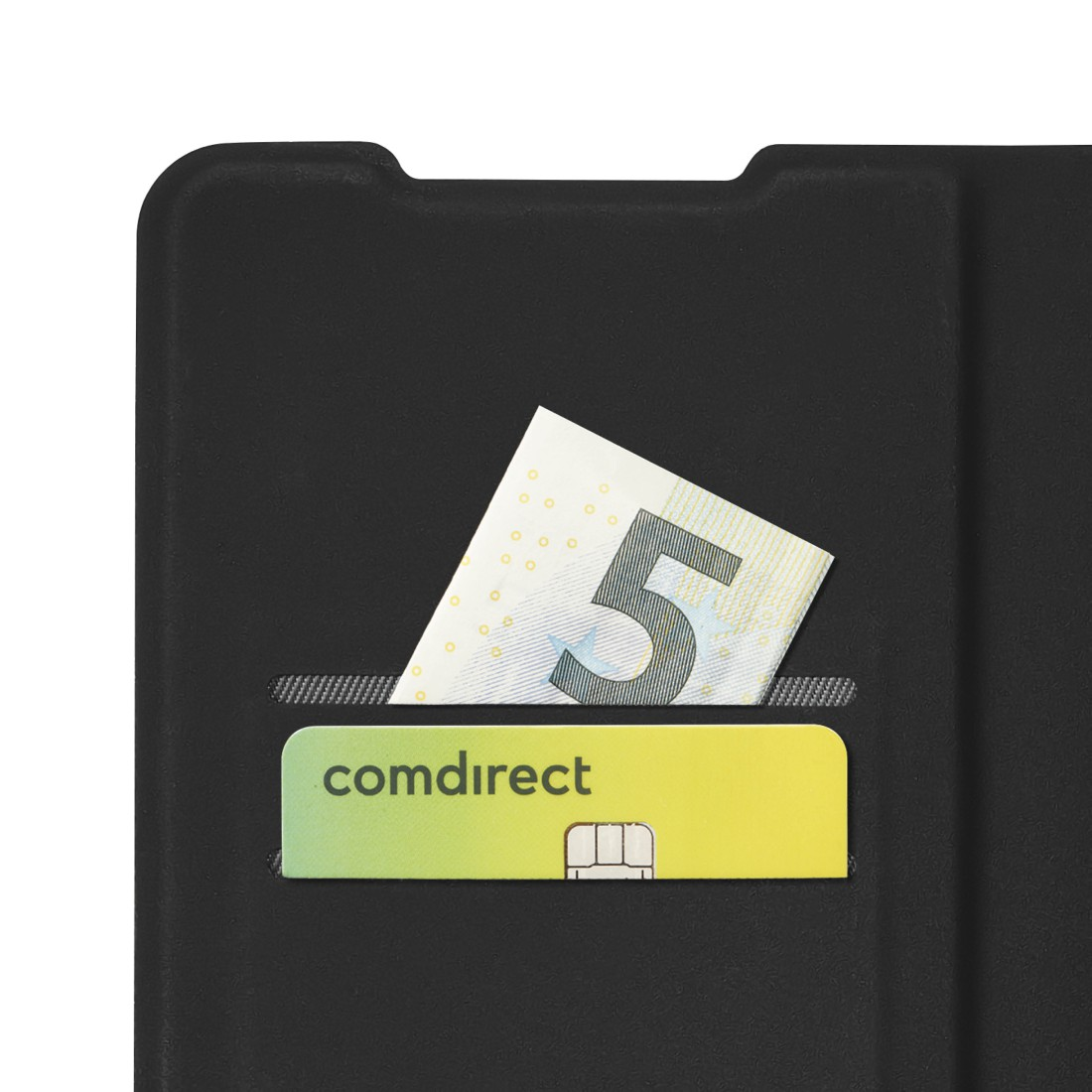 Schwarze Hülle mit 5-Euro-Schein und Comdirect-Karte.