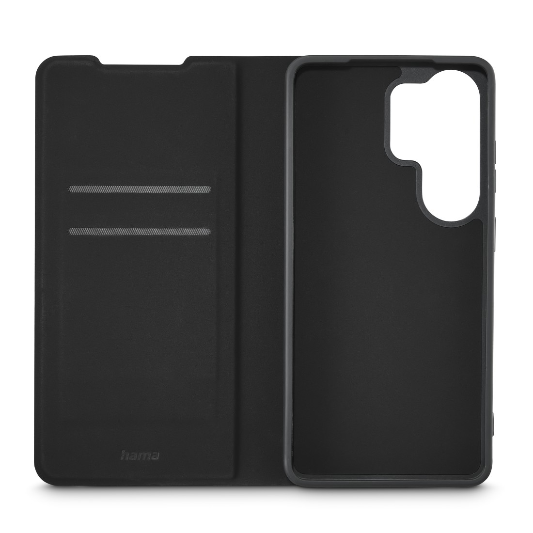 Schwarzes Handycover, aufgeklappt, mit Kartenfächern und Kameraaussparung.