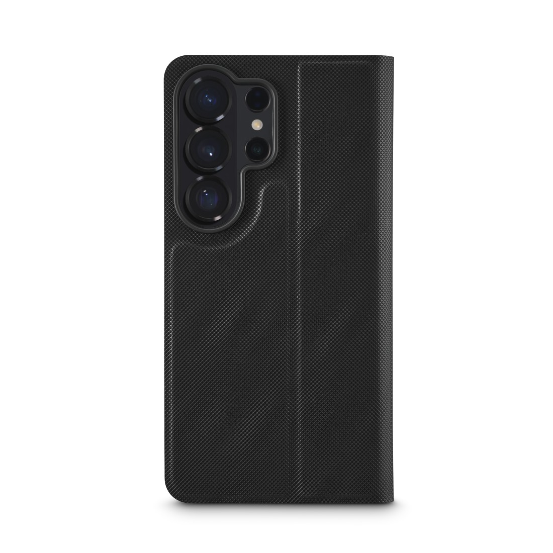 Schwarzes Handy mit drei Kameras und einer Klapphülle.