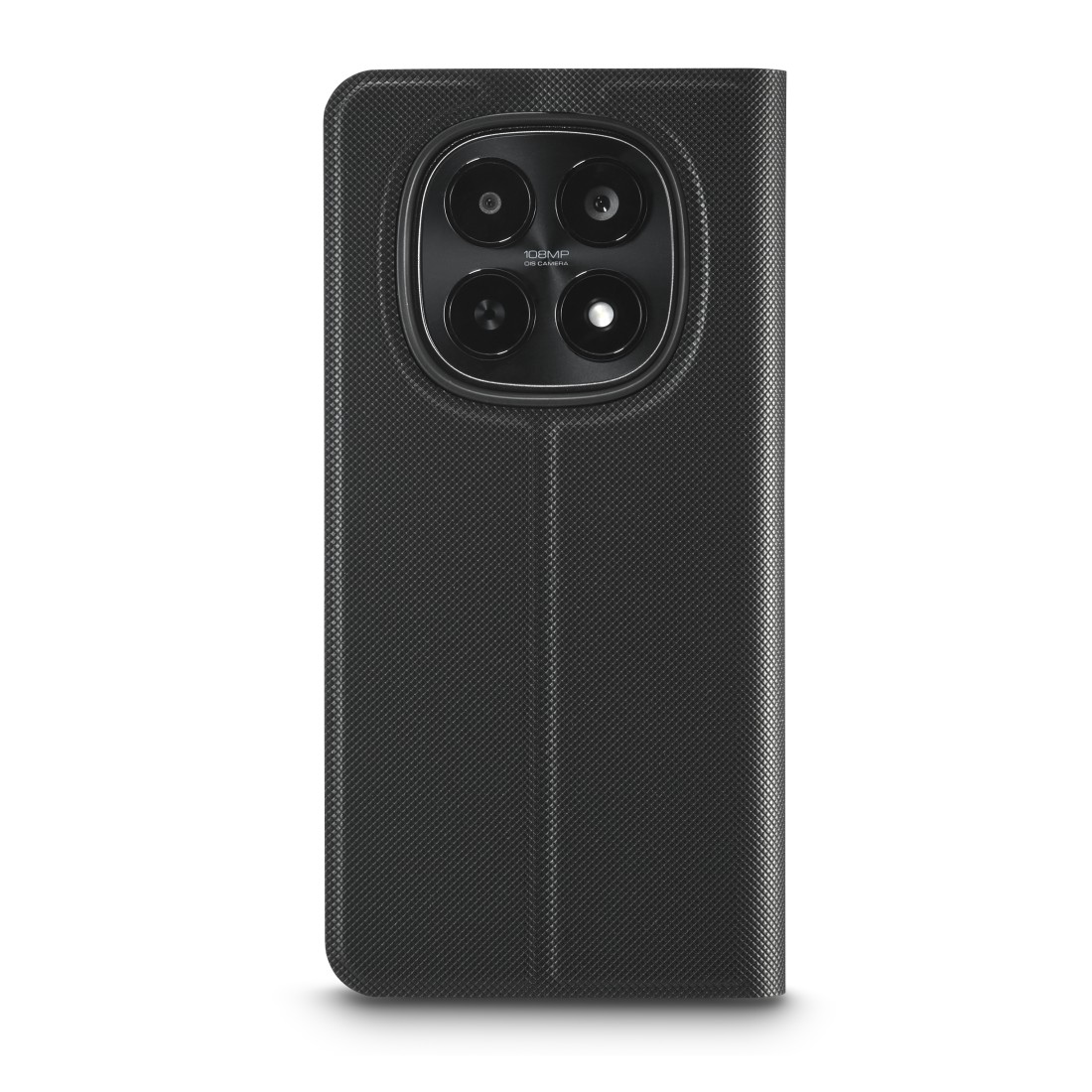 Schwarzes Handy mit 108MP-Kamera auf der Rückseite in einer texturierten Hülle.