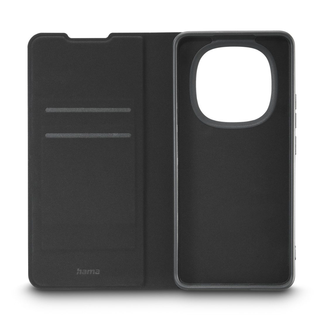 Schwarze Handyhülle mit Klappfunktion und Kartenfächern.