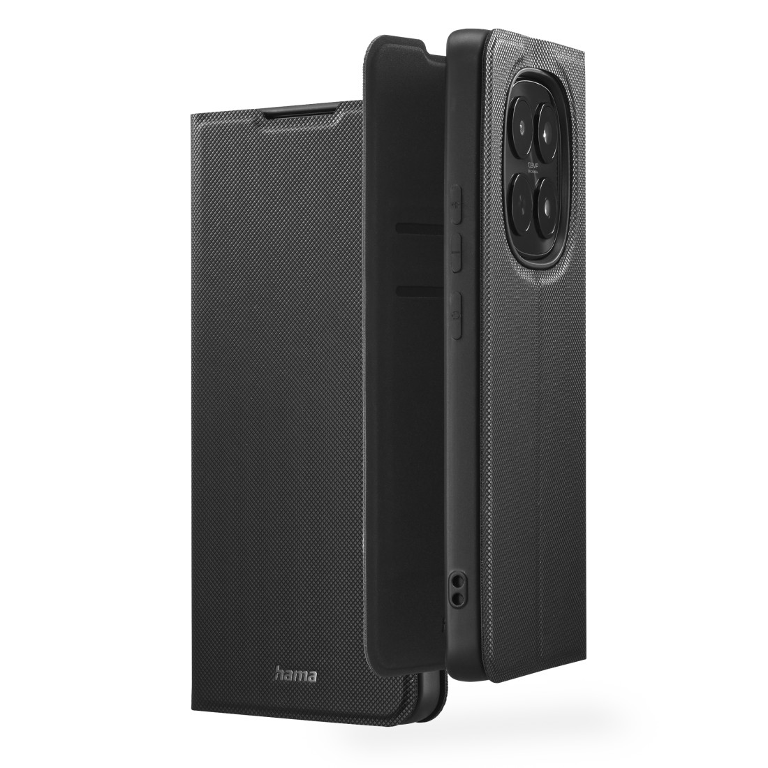 Ein schwarzes Handy mit einer Klapphülle, die offen ist. Die Rückseite zeigt Kameras.