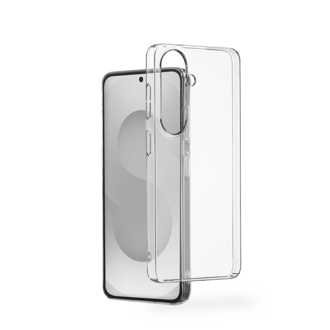 Ein transparenter Handyhülle liegt neben einem Smartphone.