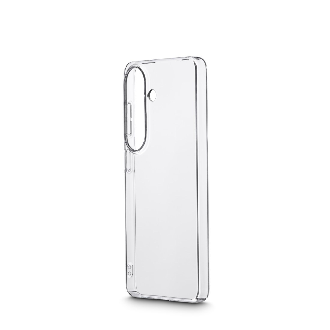 Transparente Handyhülle mit Ausschnitten für Kamera und Knöpfe.