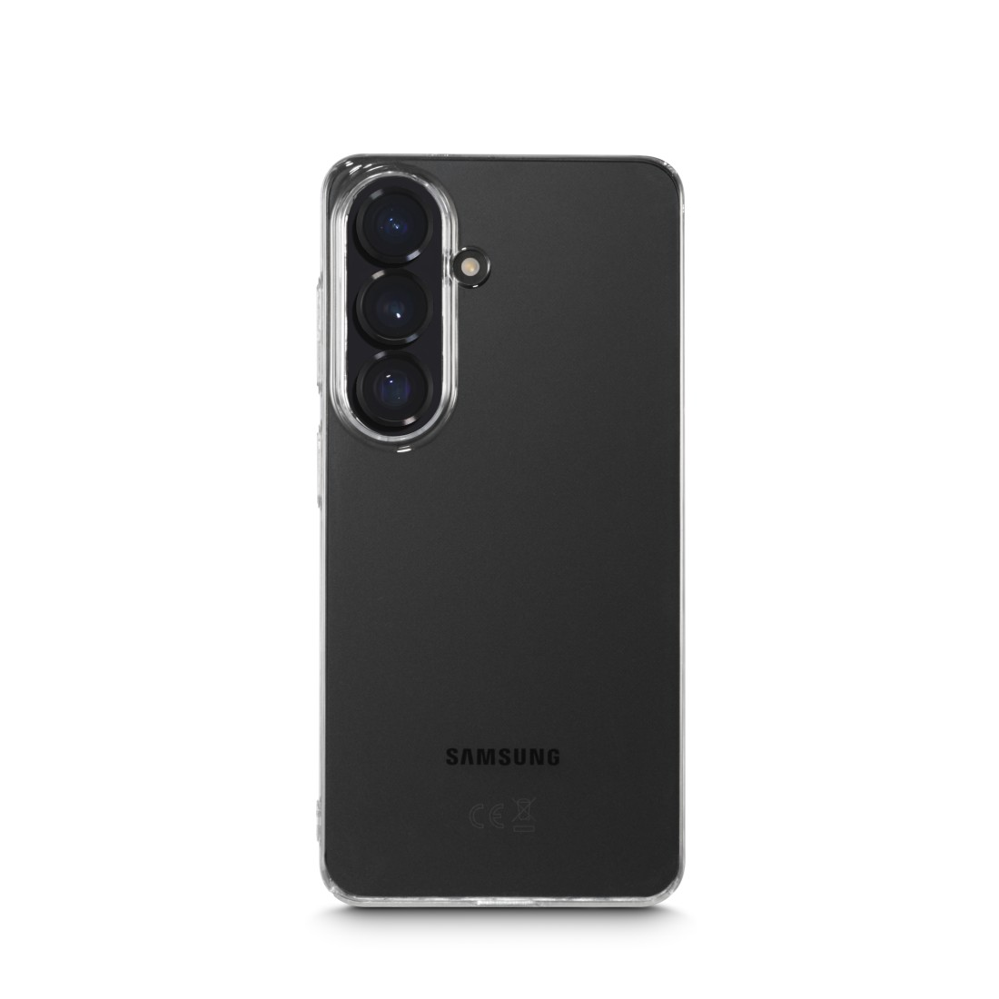 Transparente Hülle auf schwarzem Handy mit drei Kameras. Samsung-Logo.