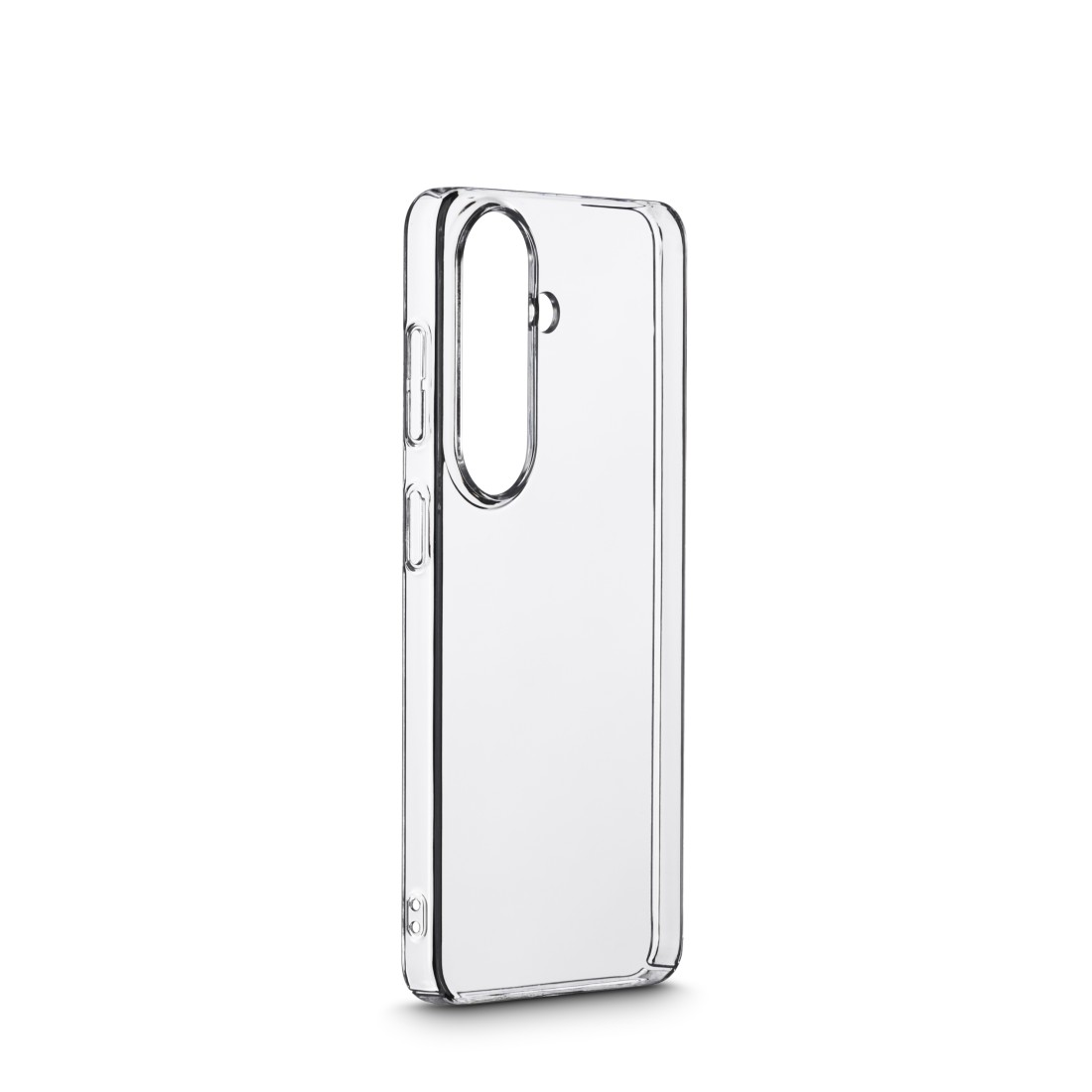 Eine transparente Handyhülle mit Aussparungen für Kamera und Knöpfe.