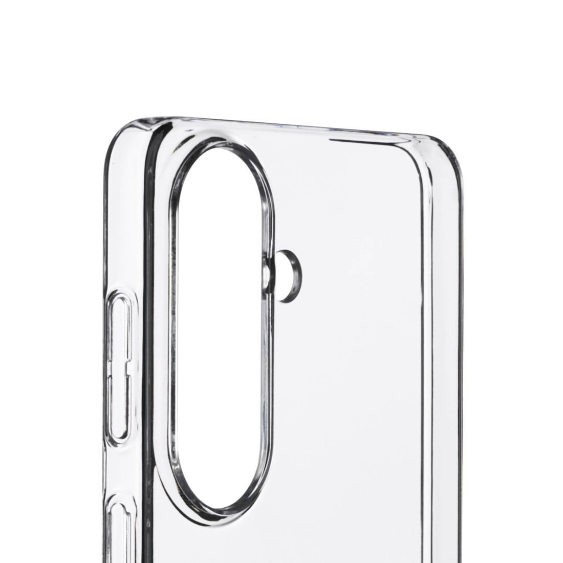 Transparente Handyhülle mit Ausschnitten für Knöpfe und Kamera.