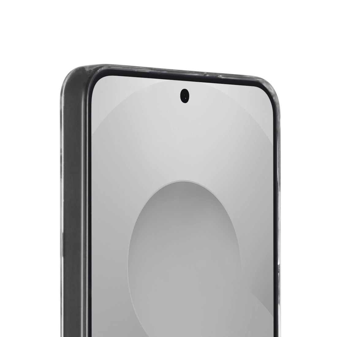 Ein Smartphone mit schwarzem Rahmen und einer Frontkamera im oberen Bereich.