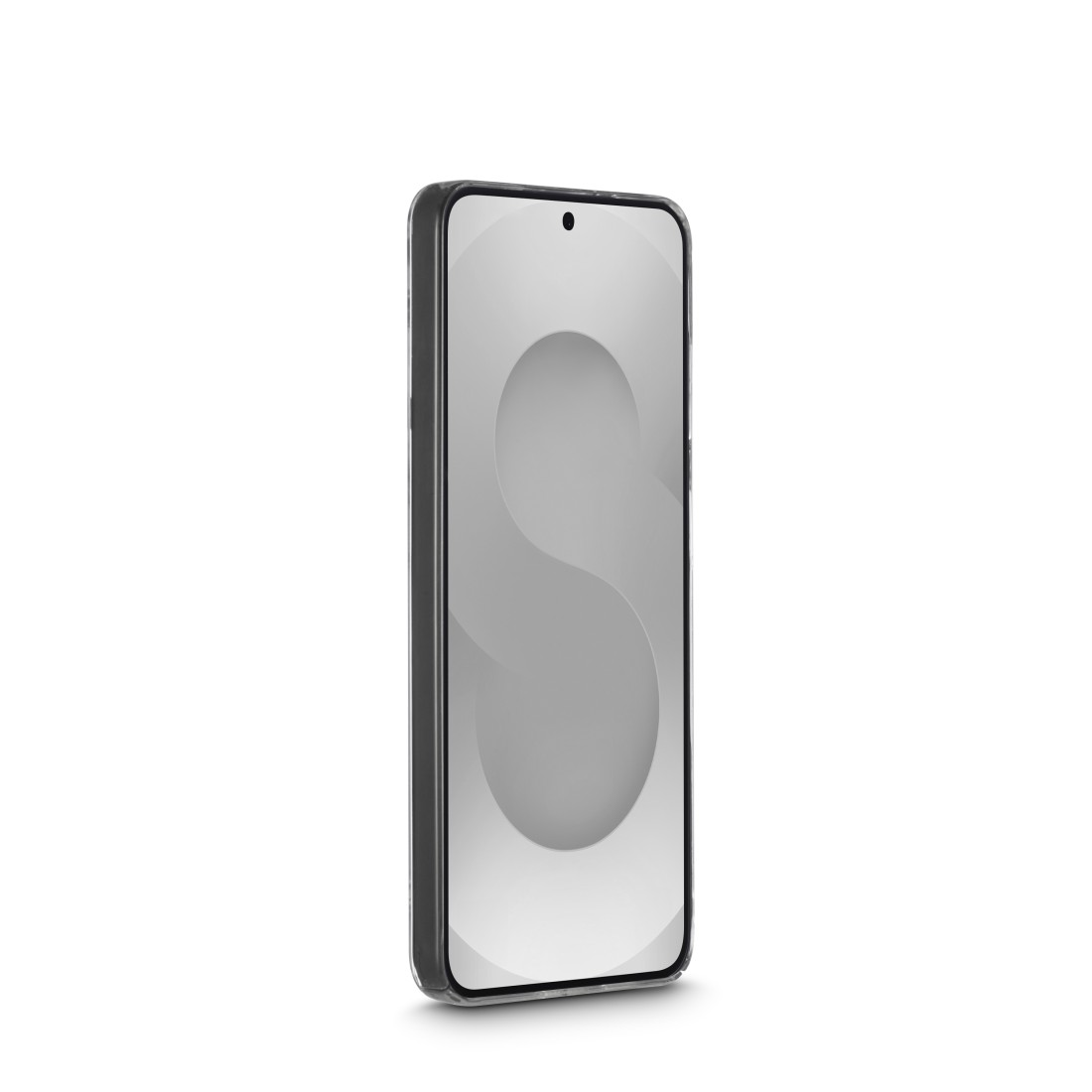 Ein schwarzer Smartphone-Rahmen mit einem grauen S-förmigen Muster auf dem Bildschirm.