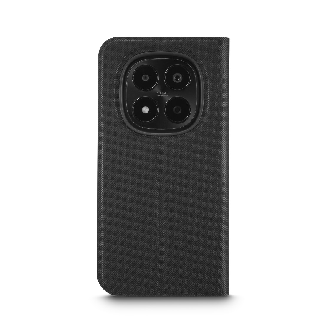 Schwarzes Handy mit vierfacher Kamera und Struktur auf der Rückseite.