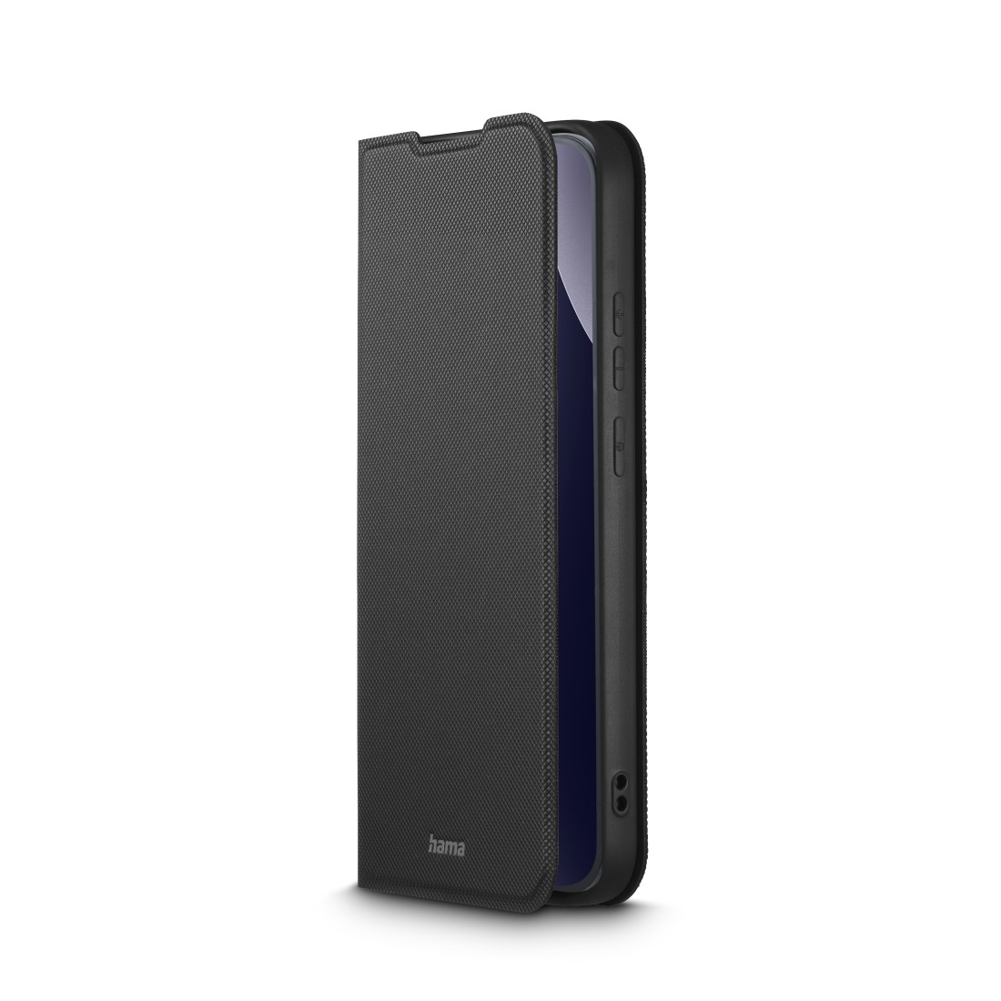 Schwarzes Handy-Flipcase mit Textur, das einen Teil des Telefons zeigt.