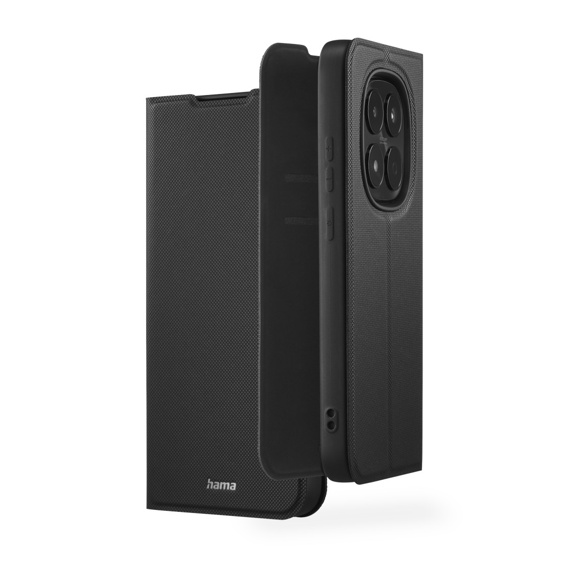 Schwarzes Handy-Flipcase mit strukturierter Oberfläche und Kameraloch.