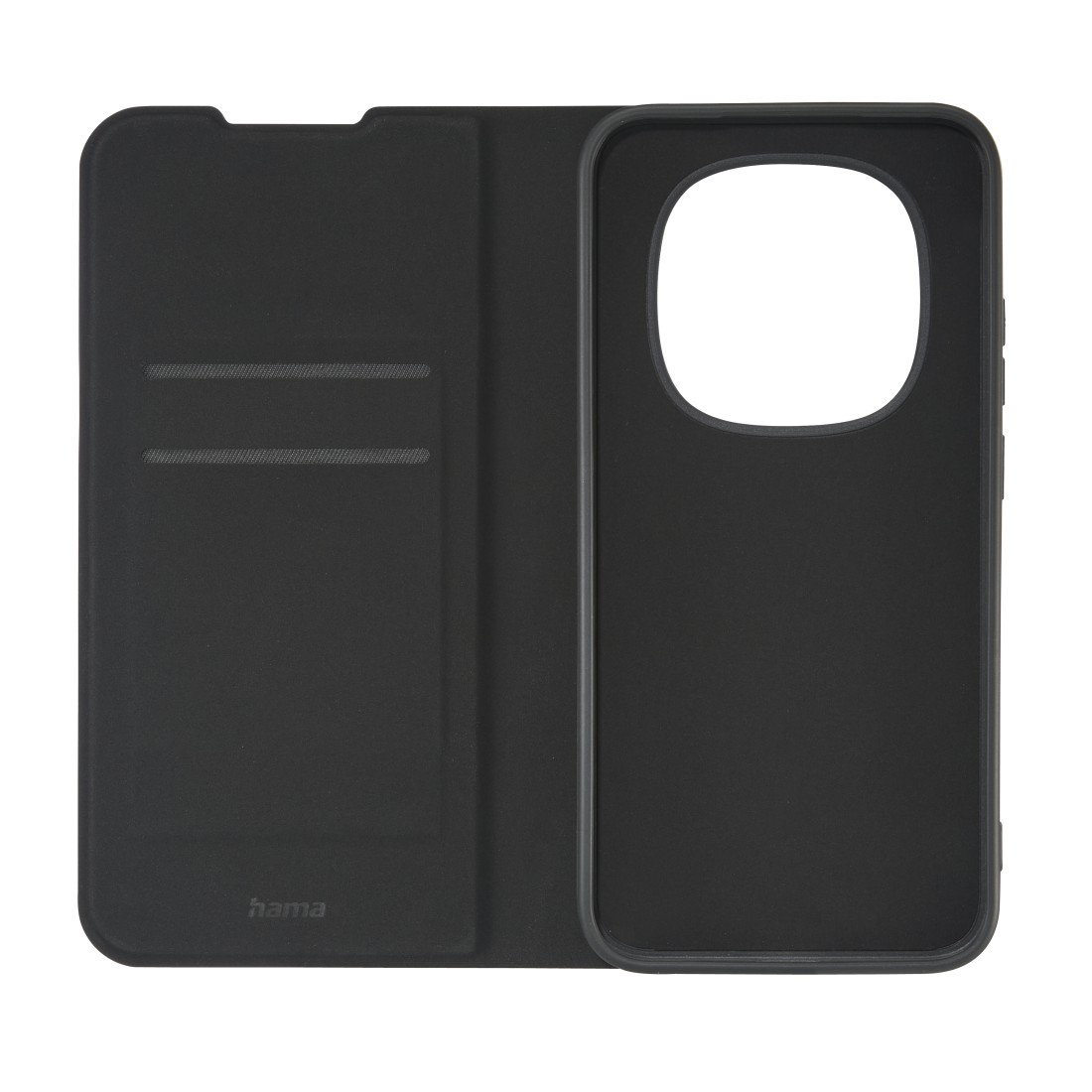 Schwarzes Klapphandy-Etui mit Aussparung für die Kamera auf der rechten Seite.