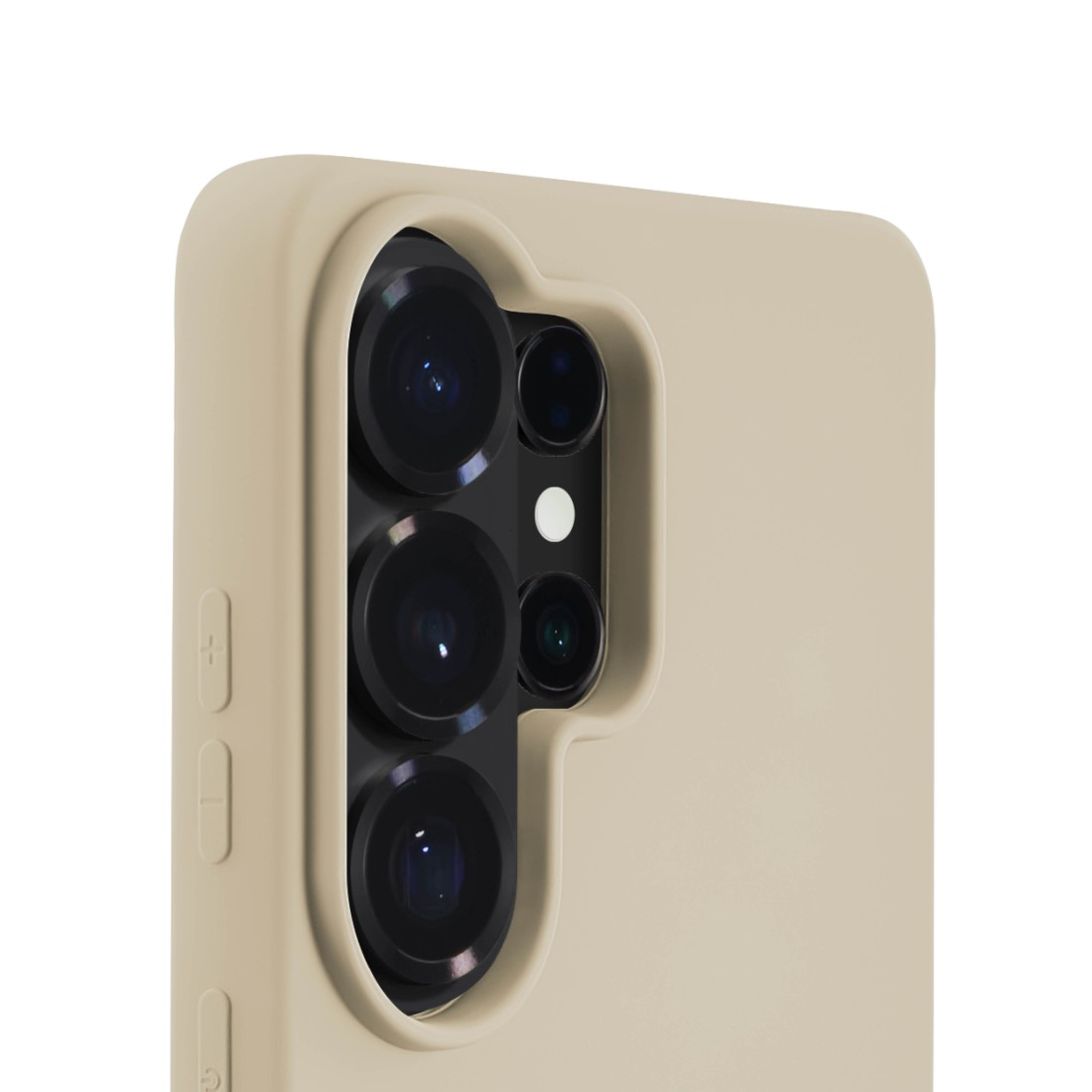 Eine beige Handyhülle mit einem Kameramodul mit vier Linsen.