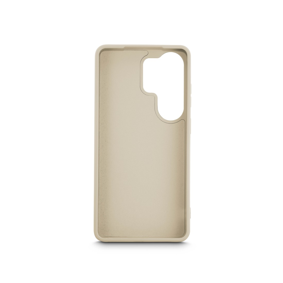 Eine beige Handyhülle mit Ausschnitten für Kamera und Knöpfe.