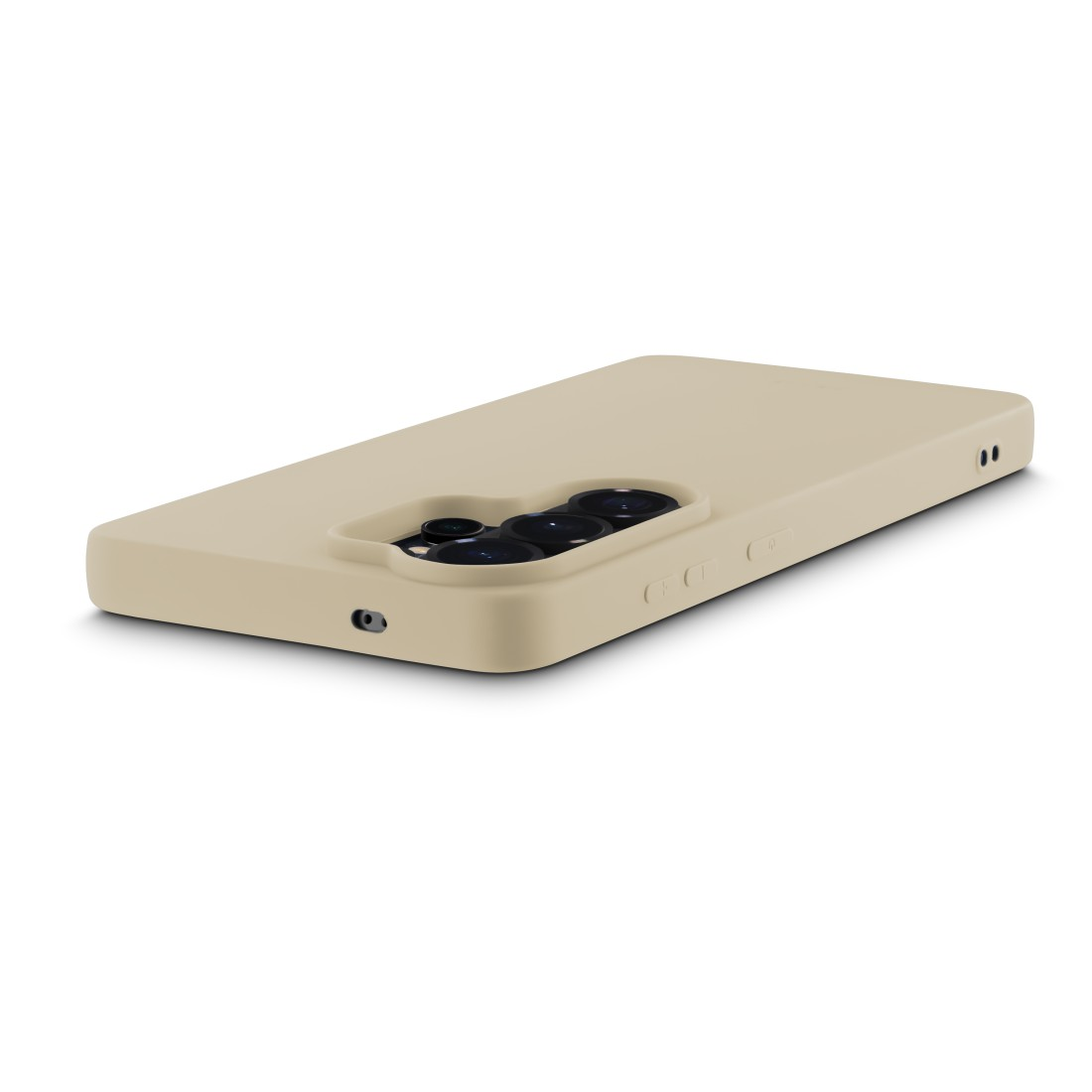 Eine beige Handyhülle mit einer Kameramodul-Aussparung, weißer Hintergrund.