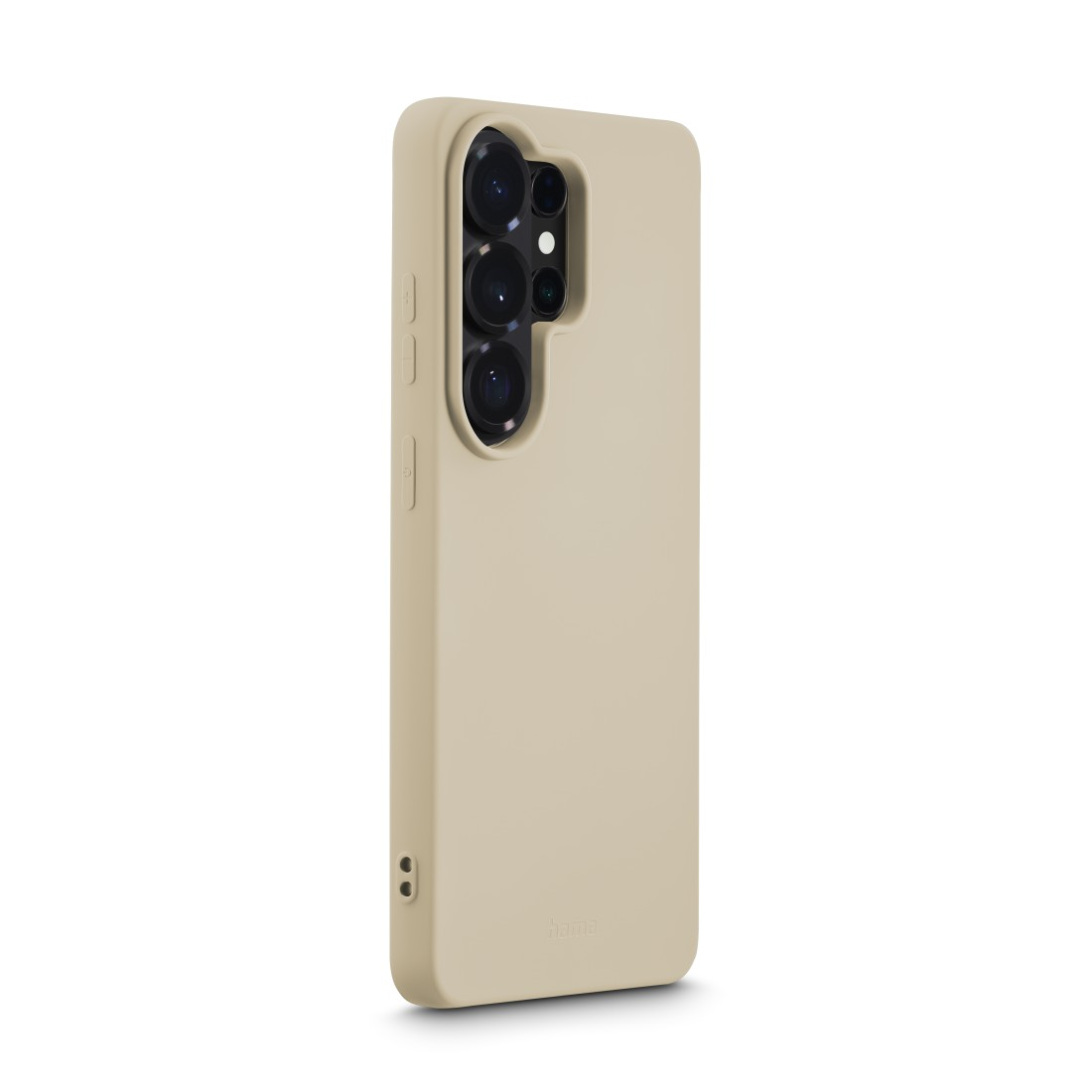 Eine beige Handyhülle mit einer Kameraaussparung auf der Rückseite.