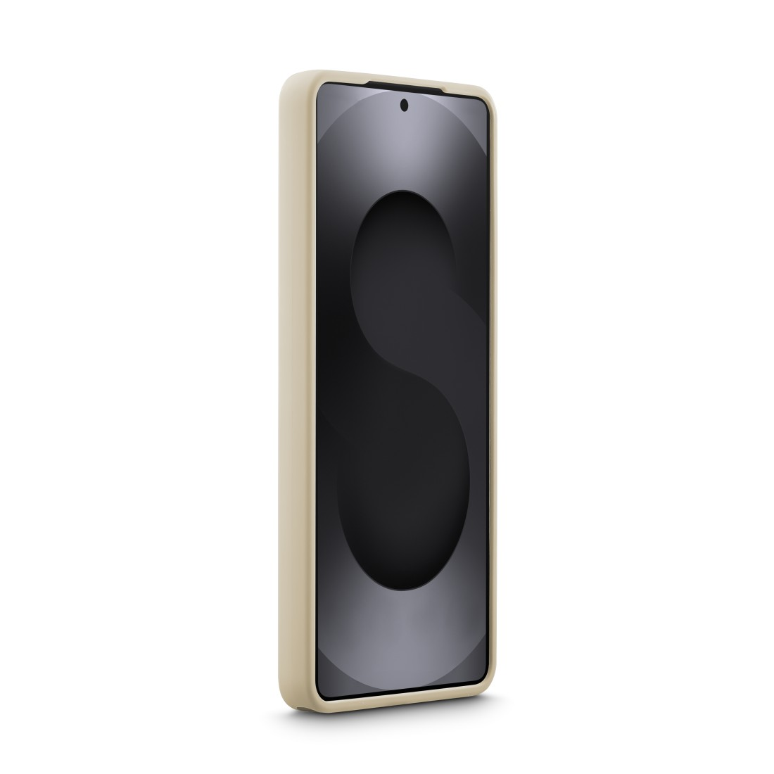 Ein hellbeiges Smartphone mit schwarzem Bildschirm und einem stilisierten S-förmigen Muster.