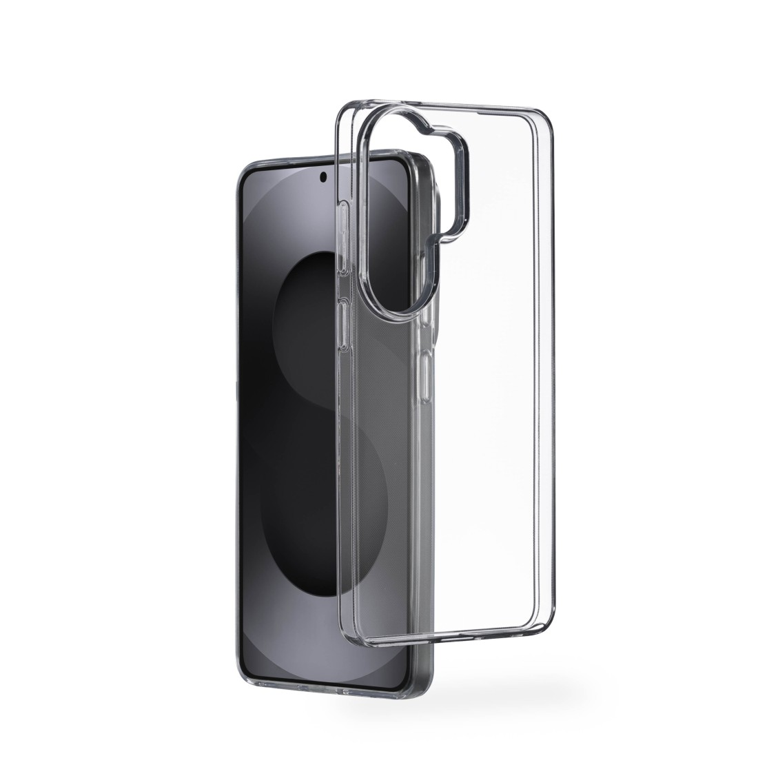 Ein klarer Handyhülle liegt neben einem dunklen Smartphone.