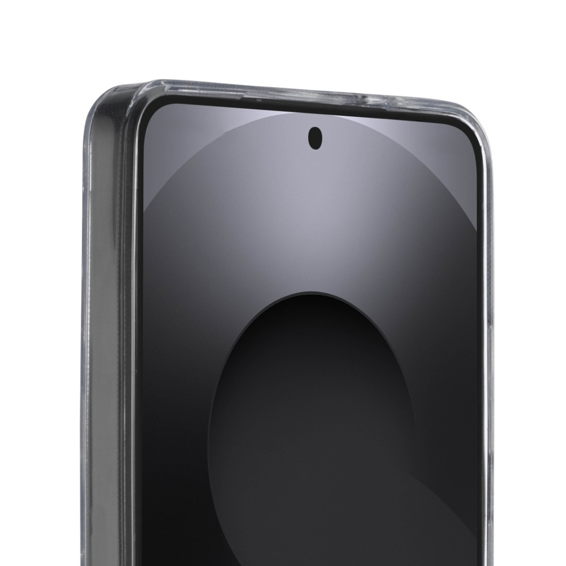 Nahaufnahme einer transparenten Handyhülle, die auf einem schwarzen Smartphone sitzt.