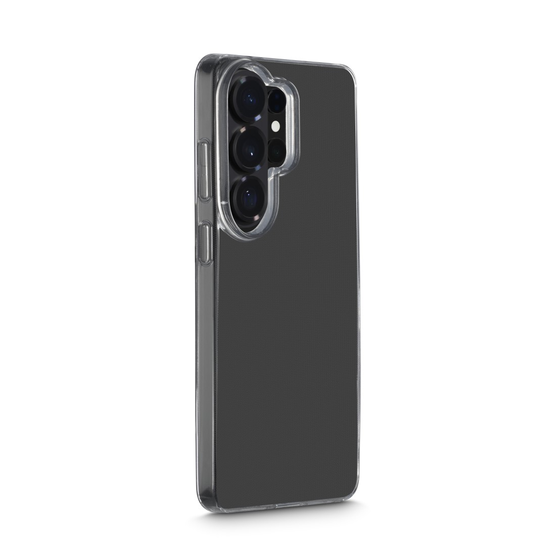Dunkelgraues Handy mit transparenter Hülle und drei Kameras.