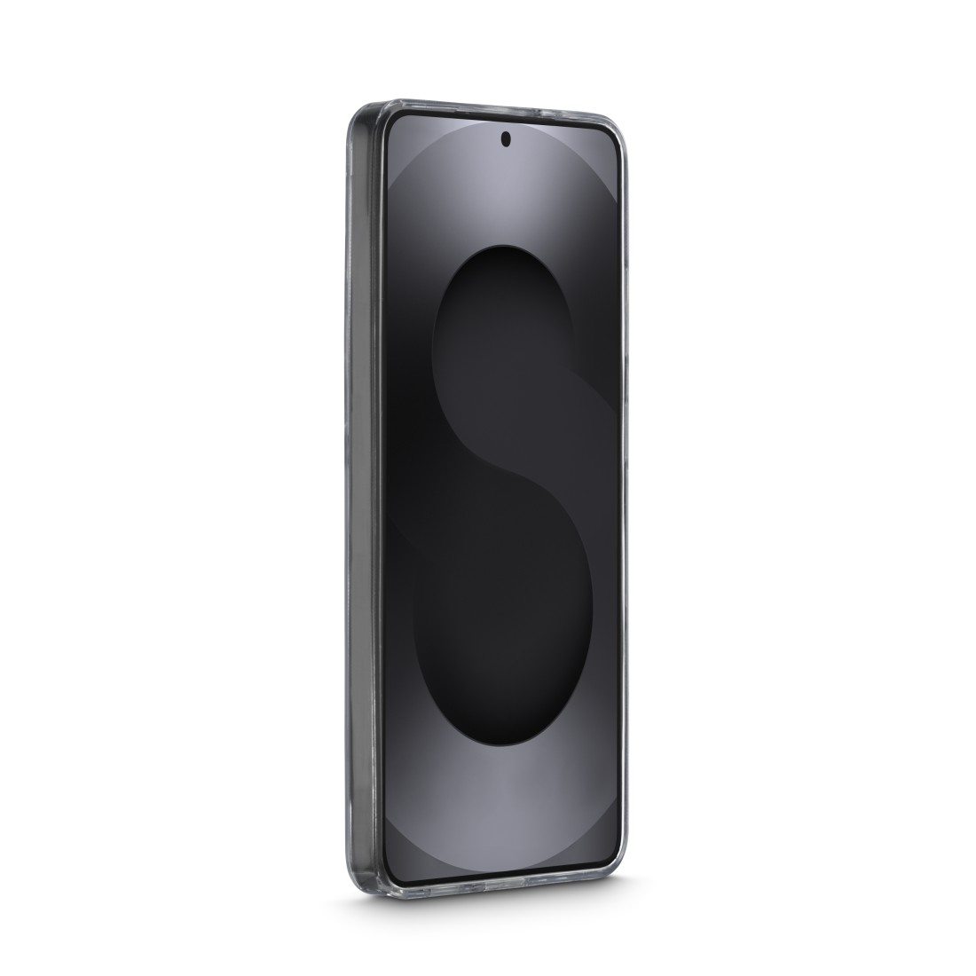 Ein schwarzes Smartphone mit einem transparenten Gehäuse, auf weißem Hintergrund.
