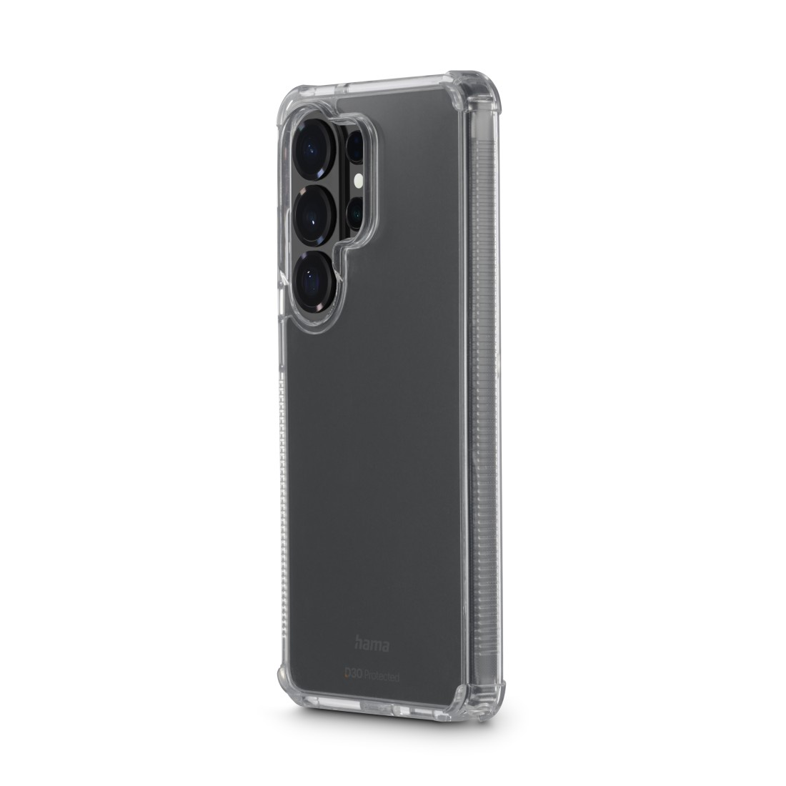 Transparente Hülle für ein Smartphone mit drei Kameralinsen und Logo.