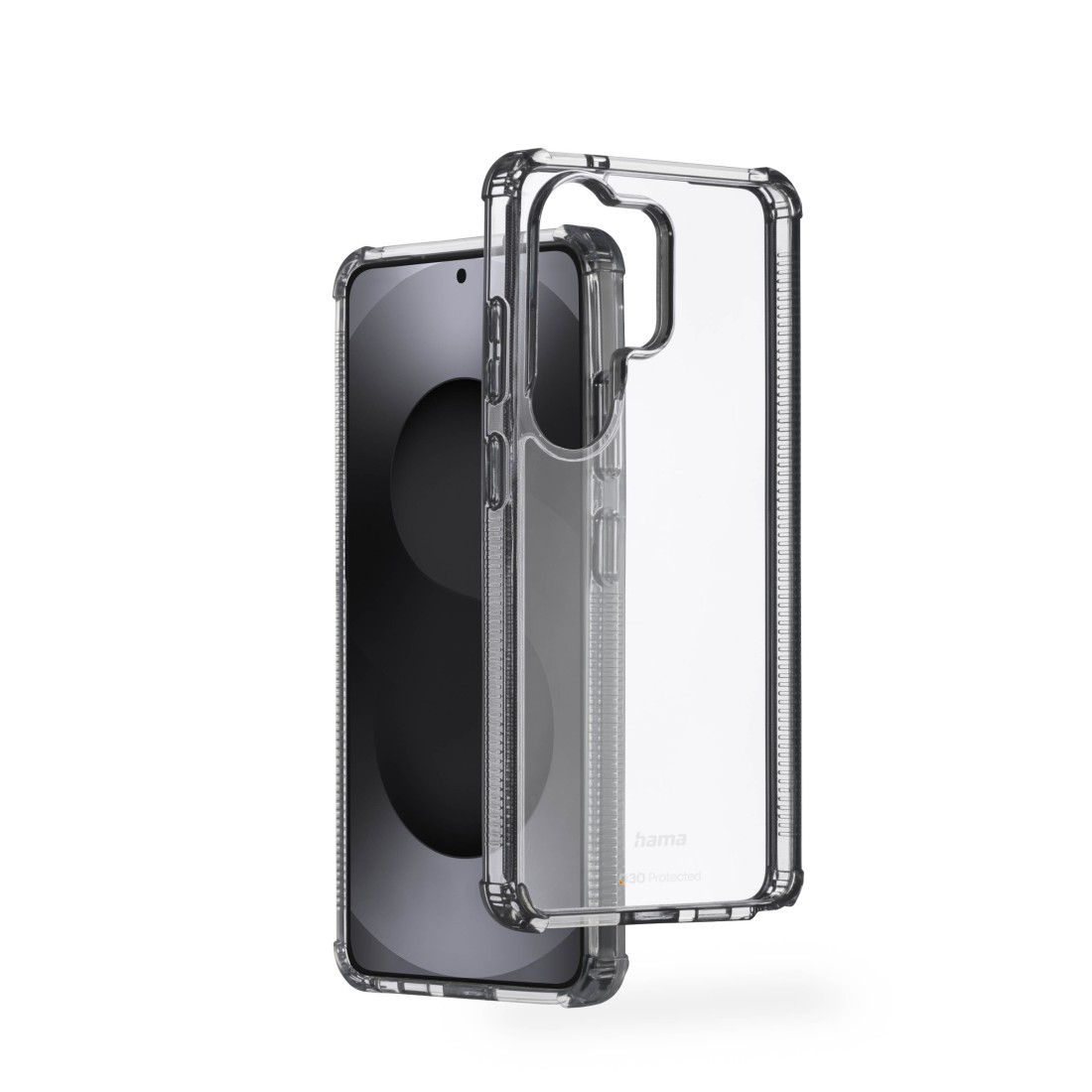 Transparente Handyhülle für ein Smartphone, auf weißem Hintergrund.