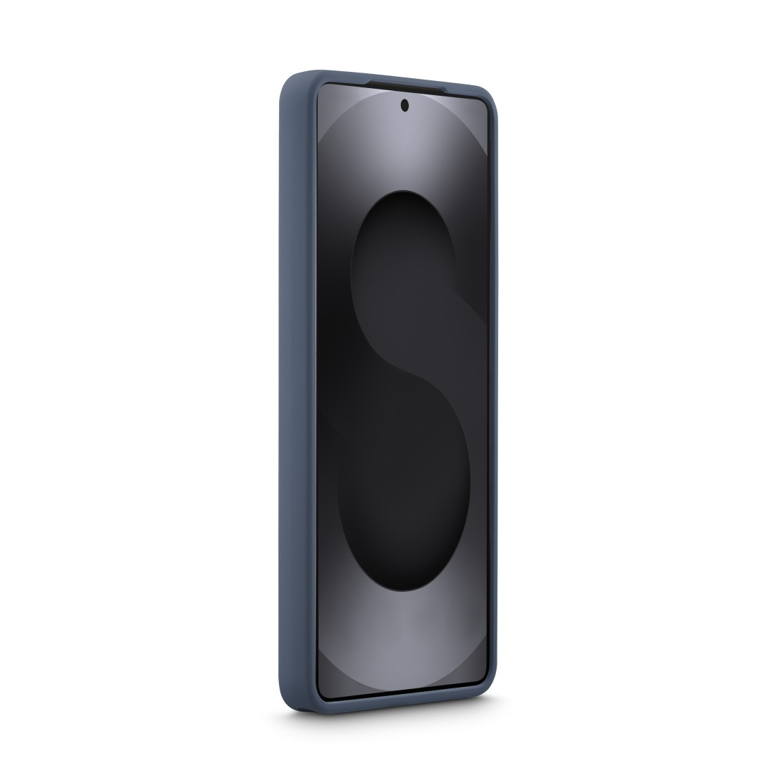 Ein dunkelblaues Smartphone mit einem dunklen Bildschirm.