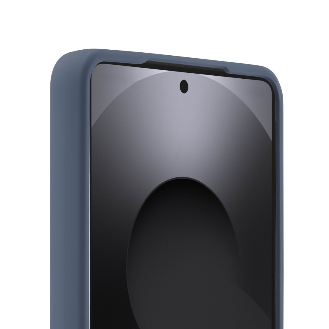 Draufsicht eines blauen Smartphone-Gehäuses mit einem Teil des Bildschirms.