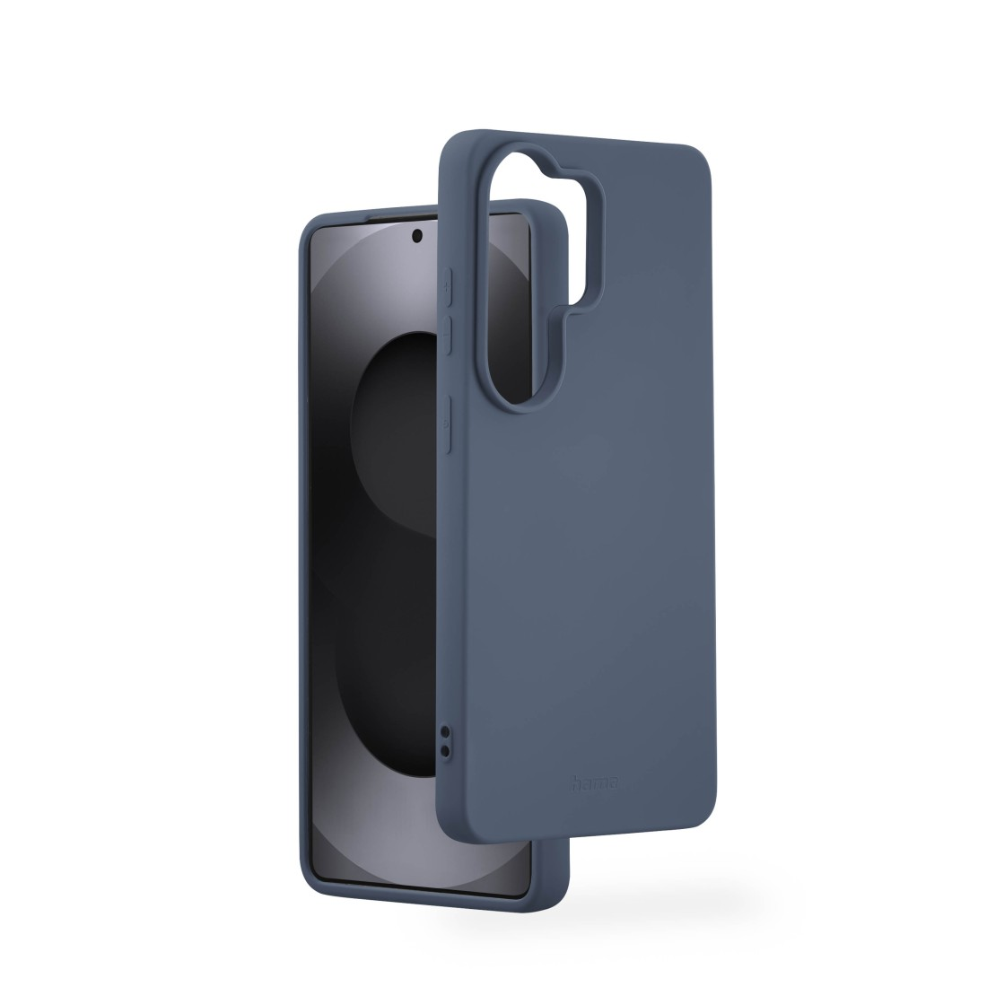 Eine dunkelblaue Handyhülle liegt neben einem Smartphone.