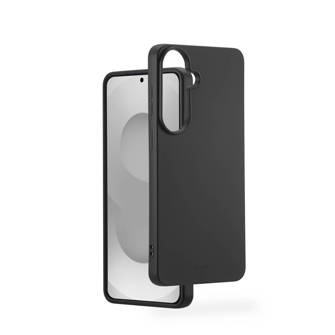Eine schwarze Handyhülle liegt neben einem Smartphone.