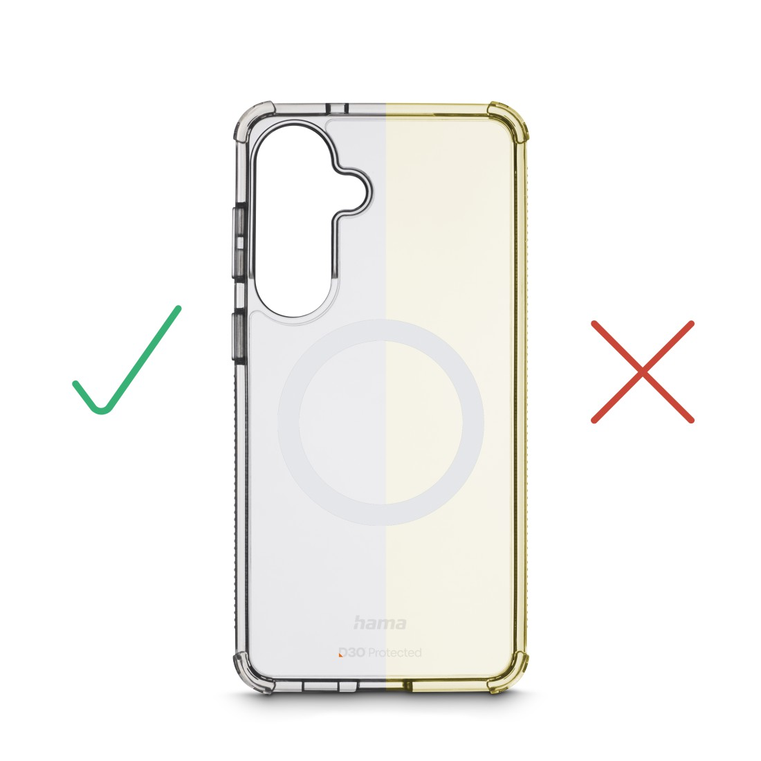 Transparente Handyhülle mit MagSafe-Ring, grünem Haken und rotem Kreuz.