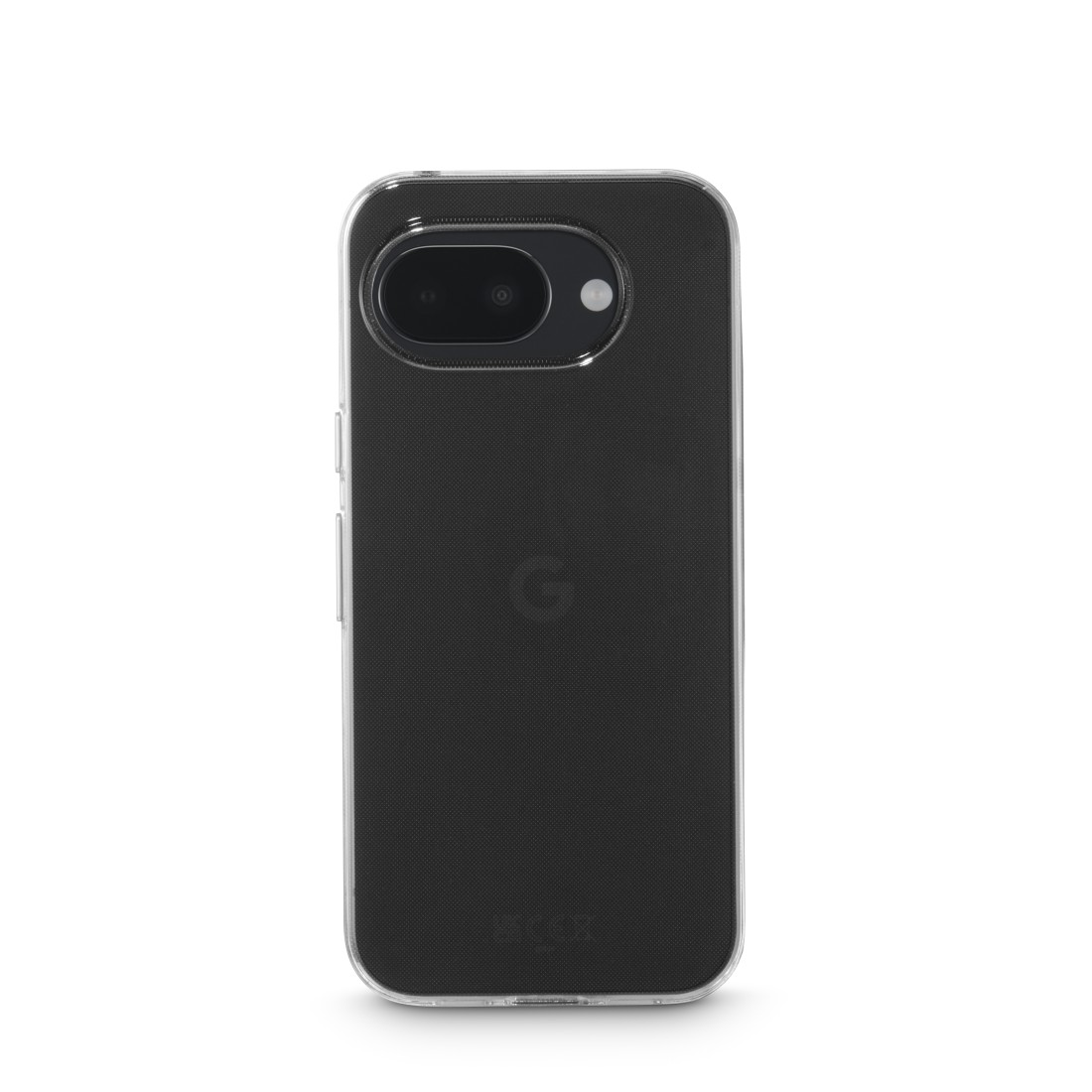 Transparente Handyhülle mit schwarzem Muster und Google-Logo.