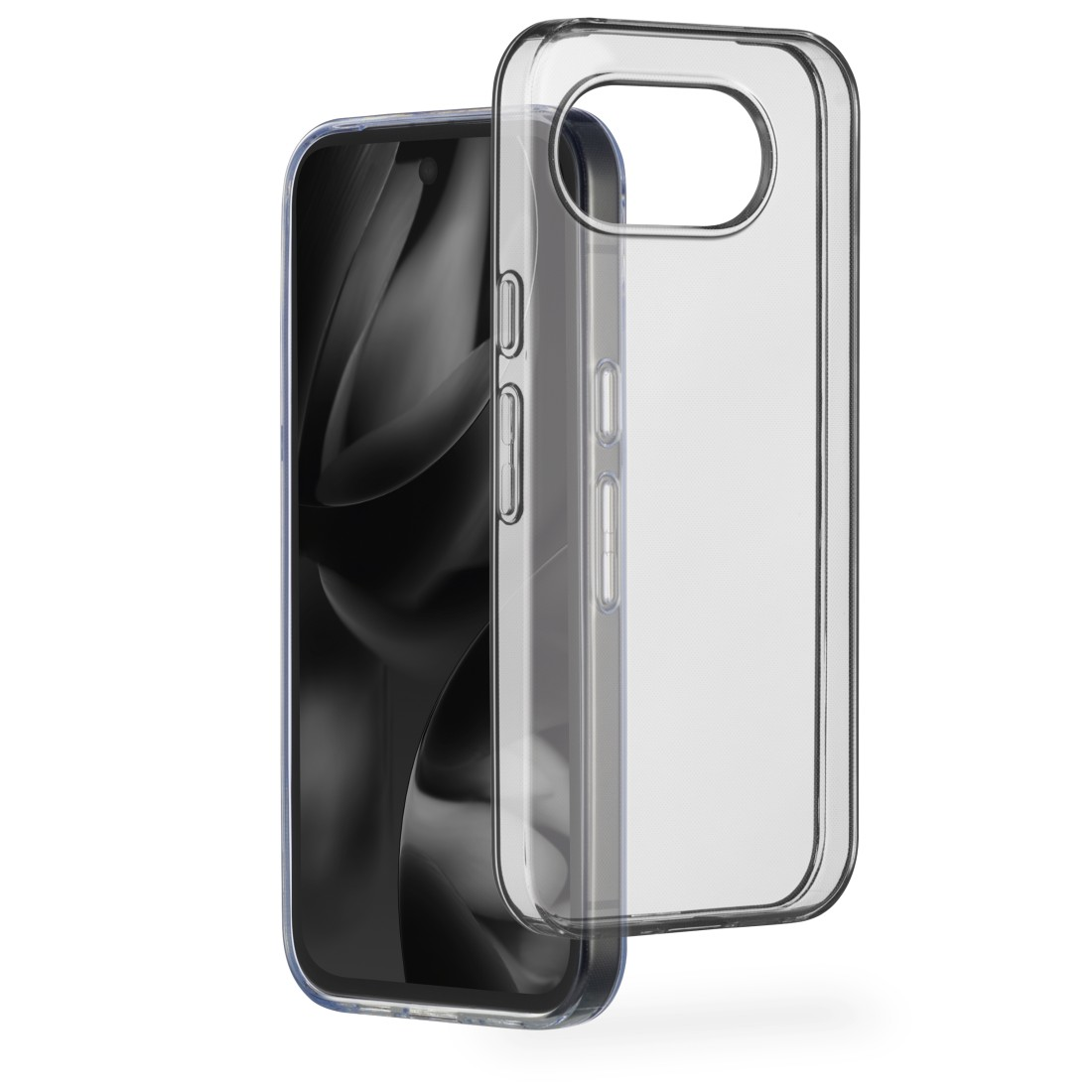 Ein durchsichtiges Handycover liegt neben einem Smartphone.