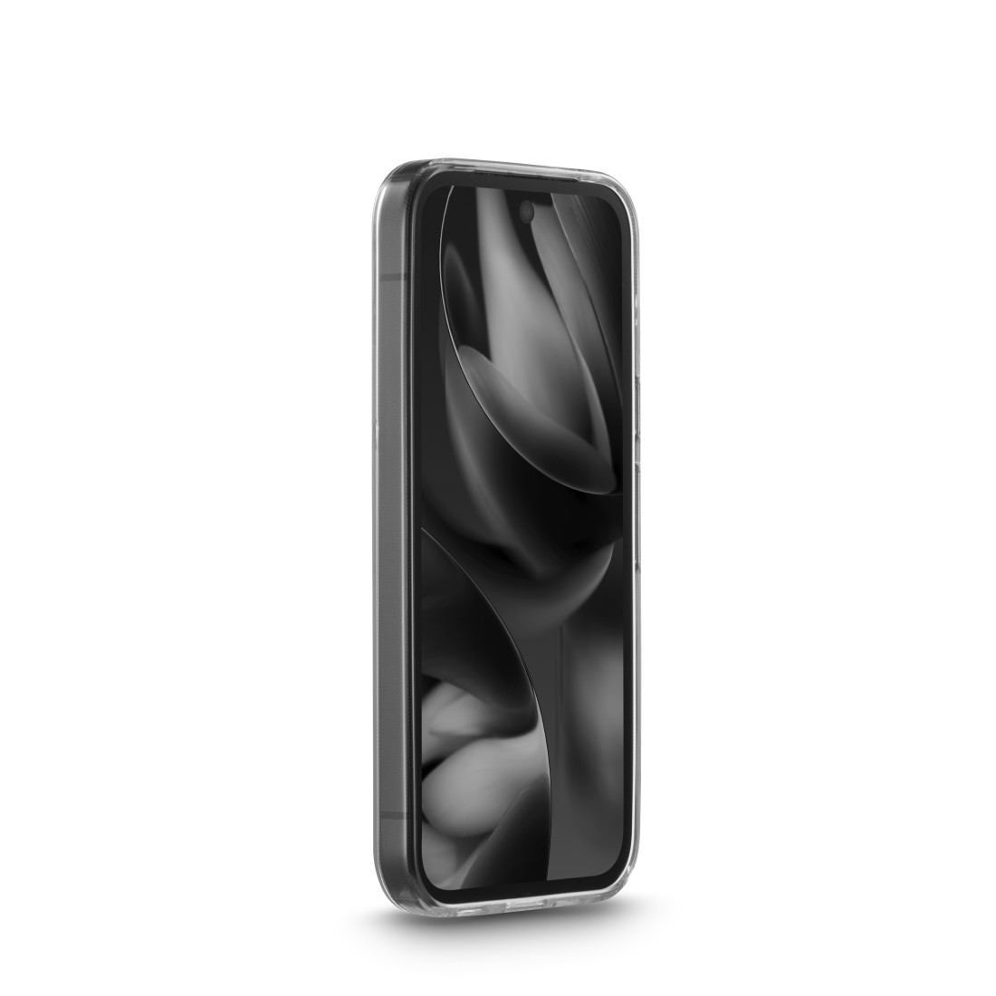 Ein transparentes Handy-Case mit einem abstrakten, dunklen Muster.