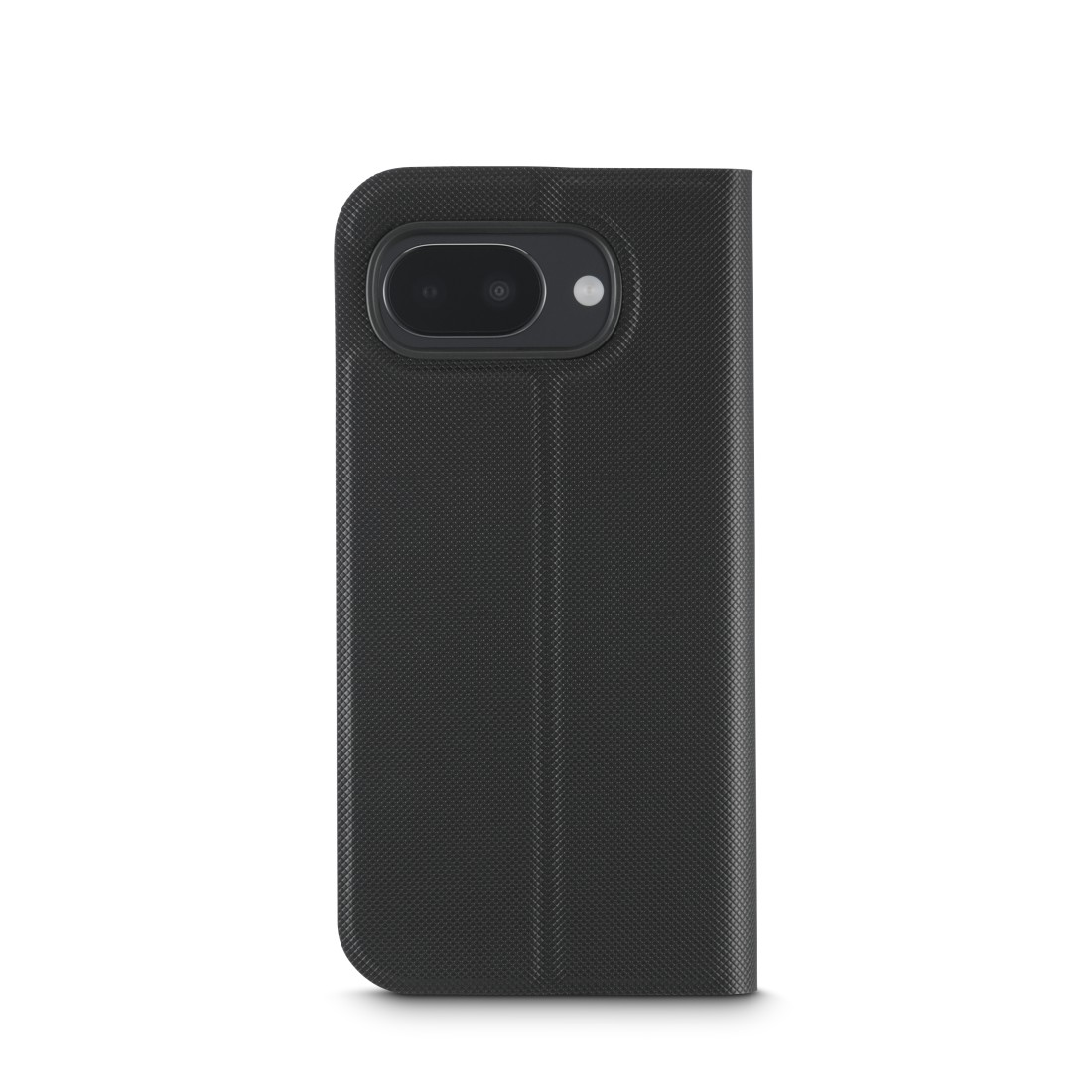 Schwarzes Smartphone-Flipcase mit strukturierter Oberfläche und Kameraloch.