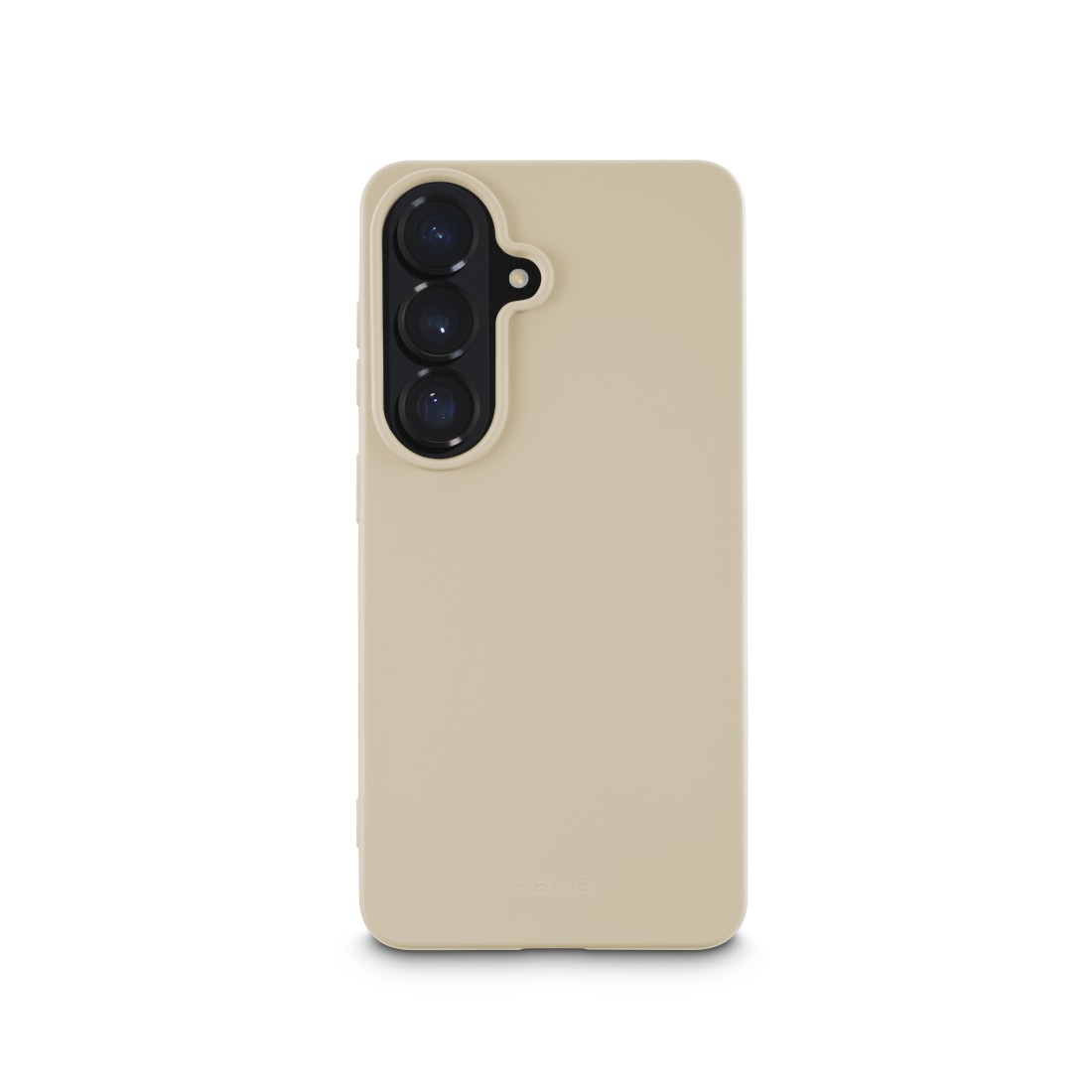 Beige Handyhülle mit drei Kameralinsen und Logo auf weißem Hintergrund.