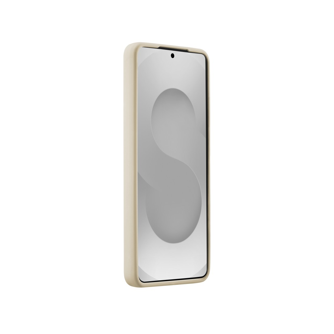 Ein hellbeiges Smartphone mit einem grauen Kreis auf dem Bildschirm.