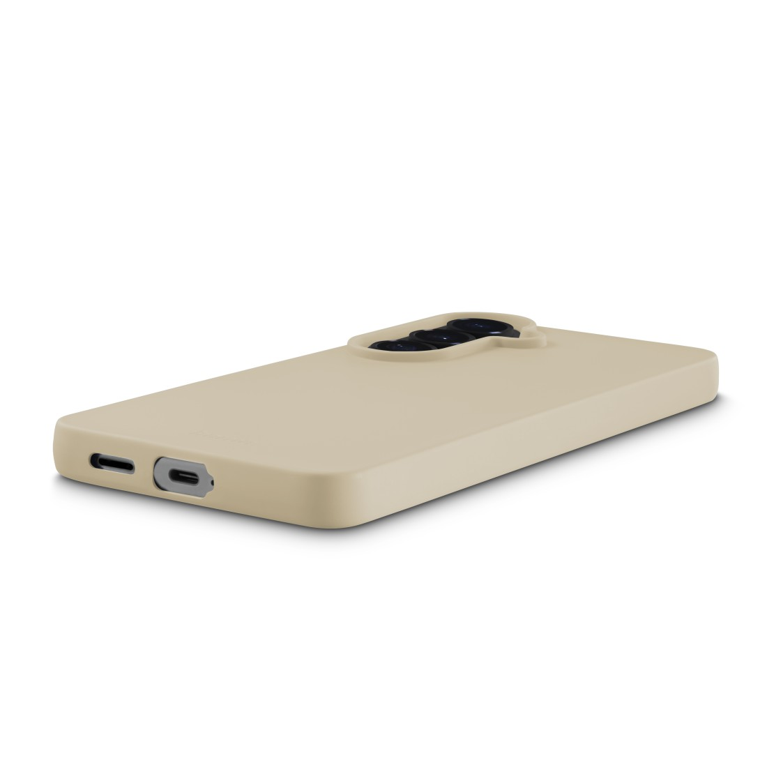 Beige Handyhülle mit Kameraausschnitt und Ladeanschluss.