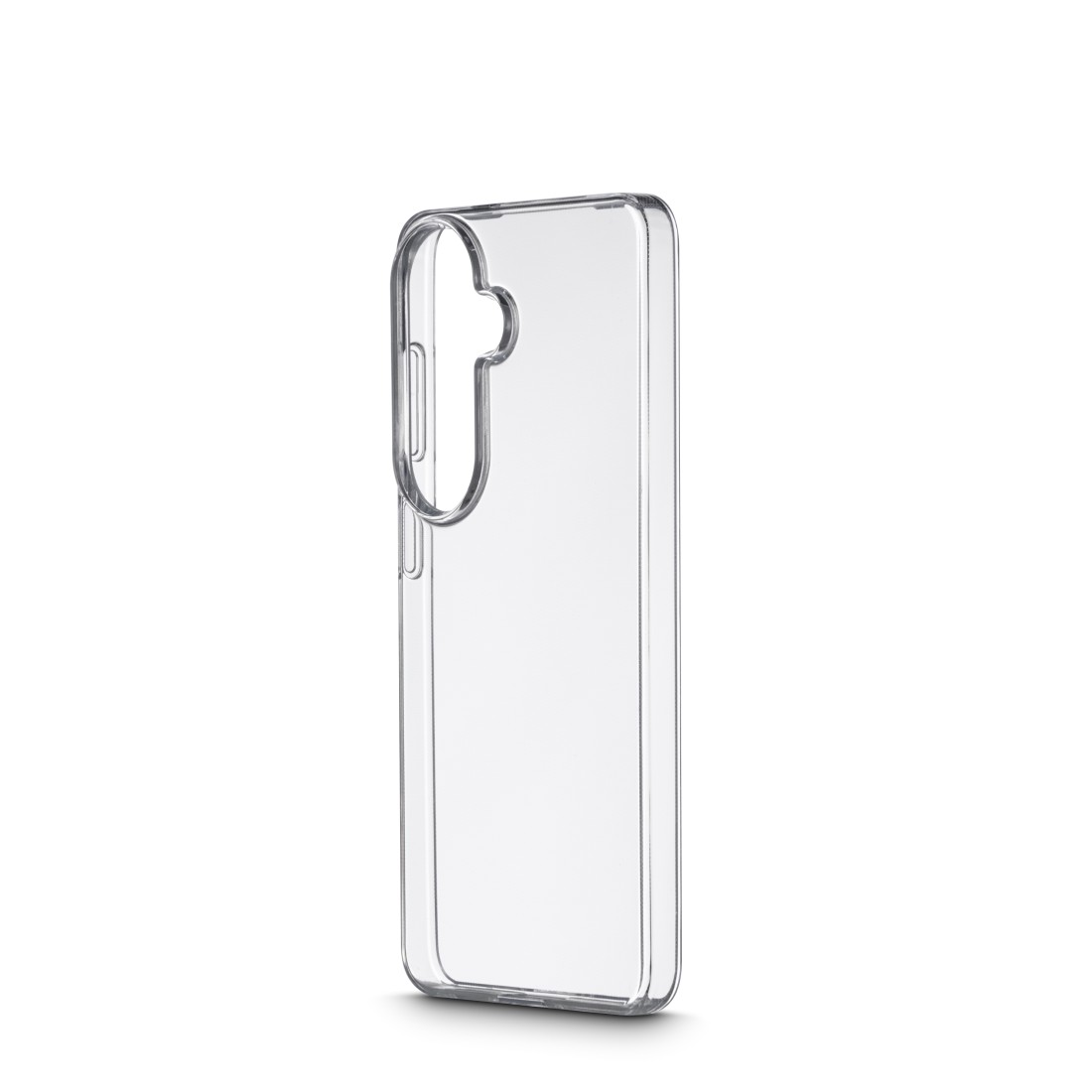 Transparente Handyhülle mit Ausschnitten für Kamera und Tasten.