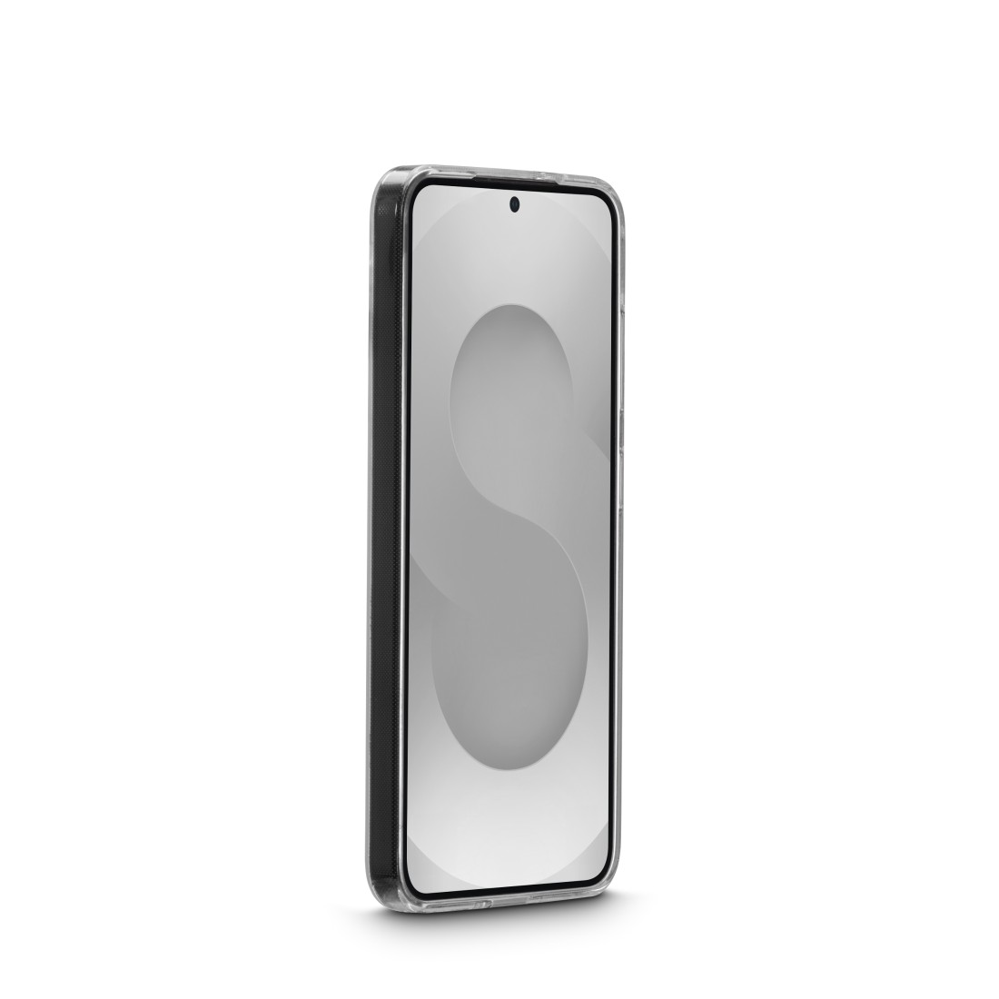 Ein schwarzes Smartphone mit klarem Gehäuse und einem S-förmigen Muster auf dem Display.