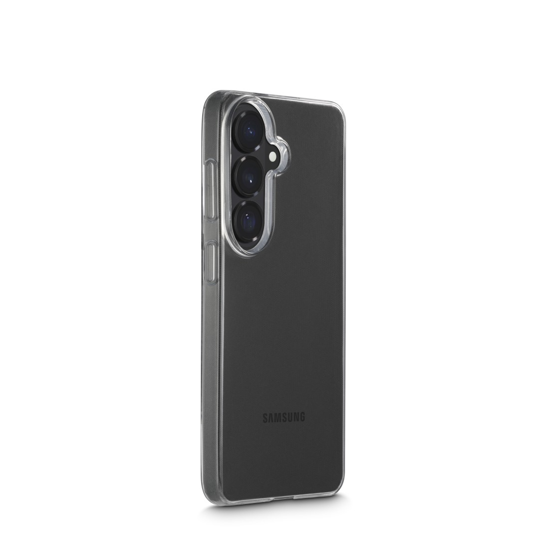 Ein schwarzes Samsung-Smartphone in einer transparenten Hülle mit drei Kameras.