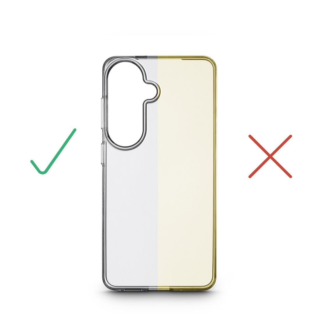 Transparente Hülle mit gelbem Rand. Grüner Haken links, rotes Kreuz rechts.