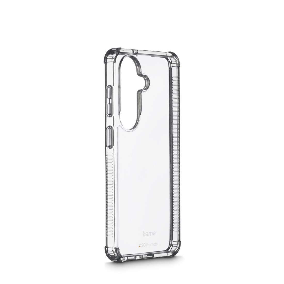 Transparente Handyhülle mit Aussparungen für Kamera und Tasten.