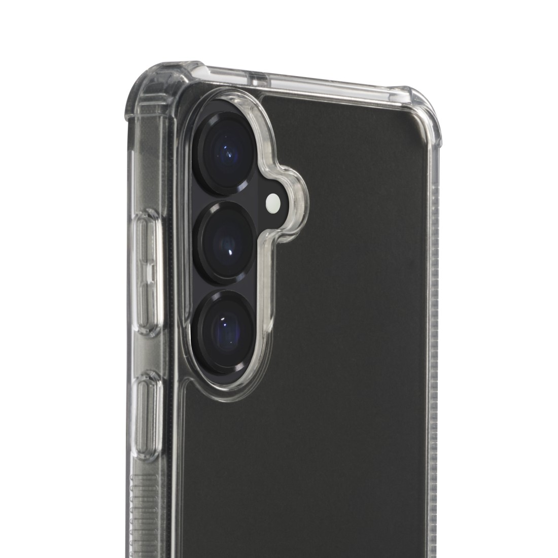 Eine klare Hülle mit drei Kameralinsen und einem Blitz auf einem dunklen Handy.