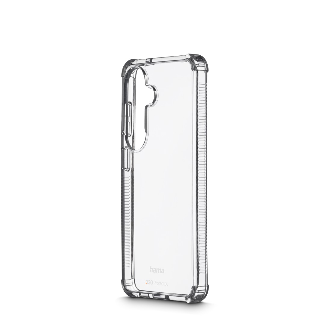 Transparente Hülle für ein Smartphone mit verstärkten Ecken und Kameramodul-Aussparung.