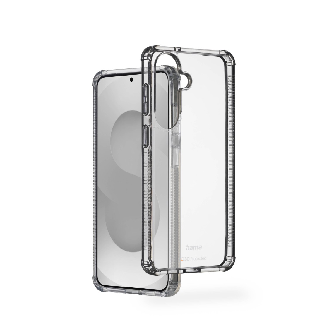 Transparente Handyhülle mit verstärkten Ecken, über einem Smartphone.