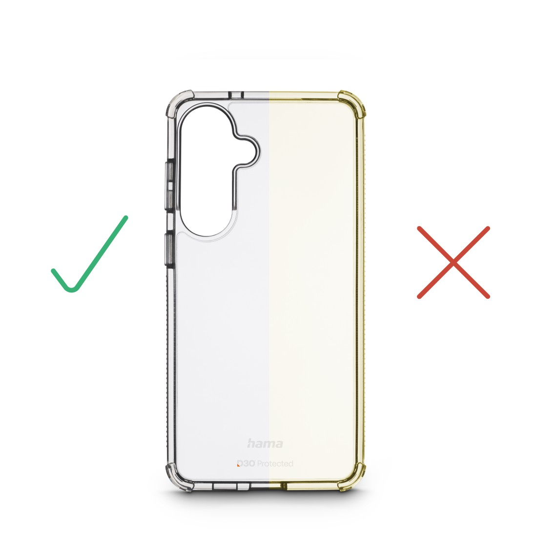 Transparente Handyhülle mit grünem Haken links und rotem Kreuz rechts.