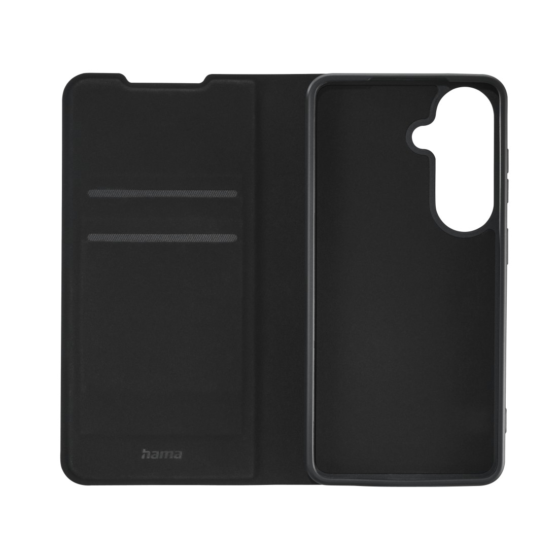 Schwarzes Handyhüllen-Flipcase mit zwei Kartenfächern und Hama-Logo.